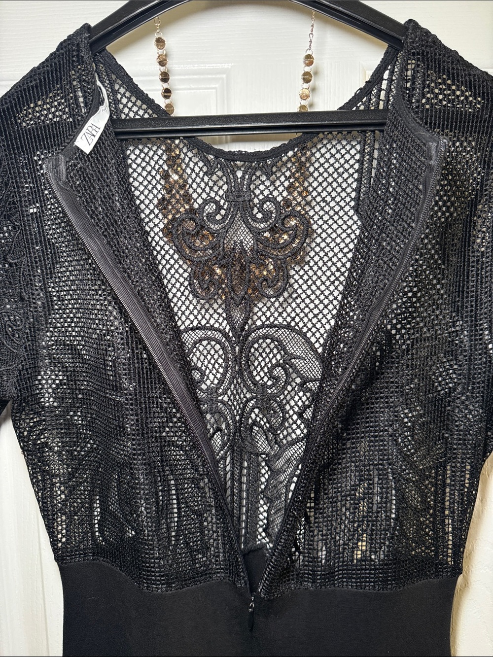 Zara Black Lace Mesh Midi Dress Bodycon Cocktail Party L - Picture 8 of 8